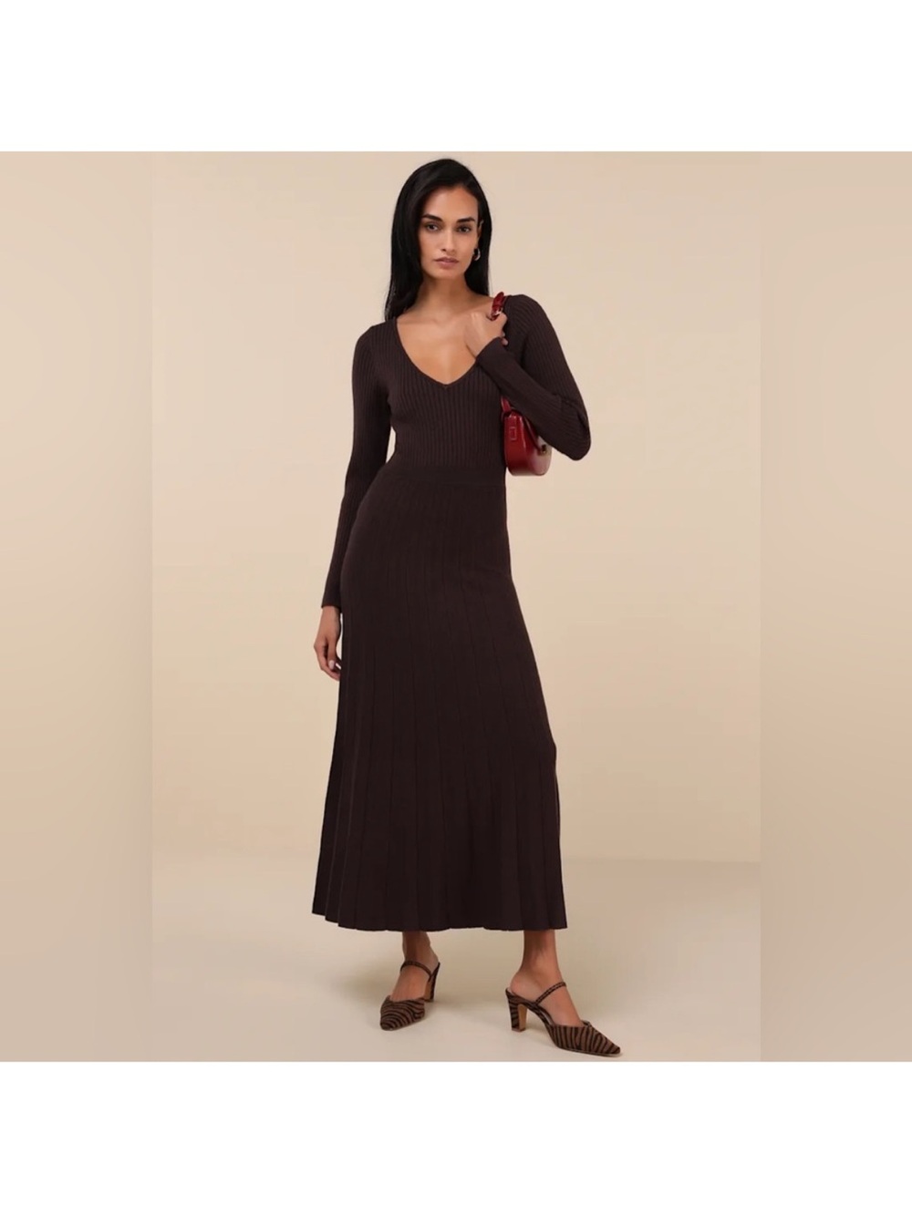 Lulus Chocolate Brown Ribbed Knit Long Sleeve Maxi Dress S